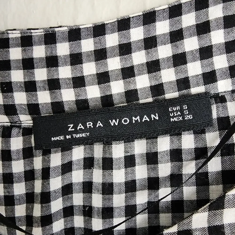 Zara Black White Gingham Check Ruffle Yoke Blouse Frill Long Sleeve Top Small